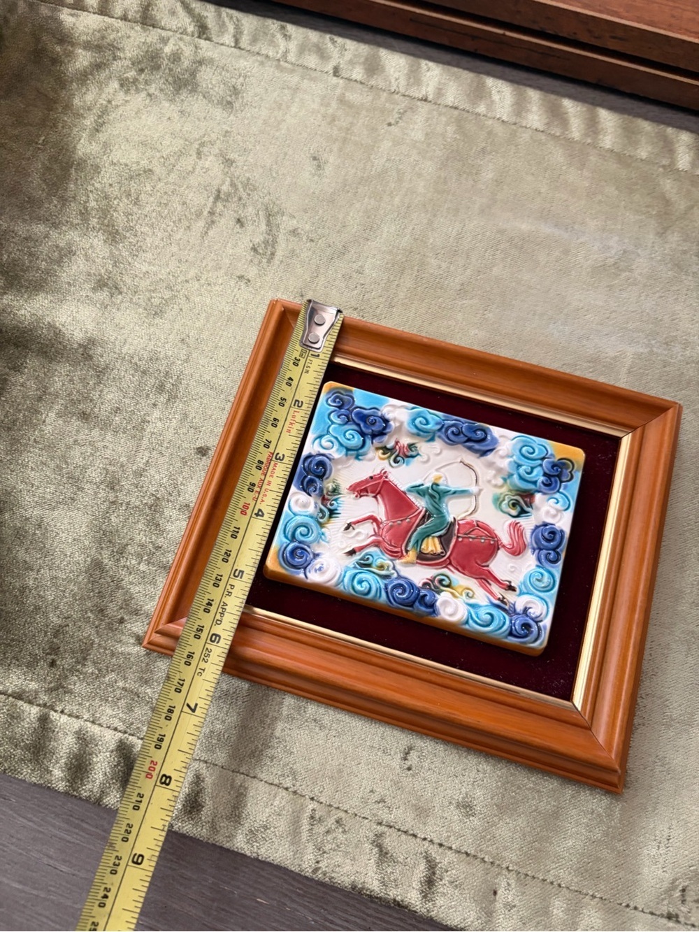 Framed Ceramic Plaque with Red Horse and Green Rider - Picture 2 of 6
